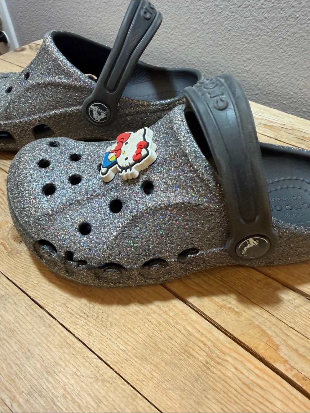 CROCS Kids Glitter Clogs in Silver and Black